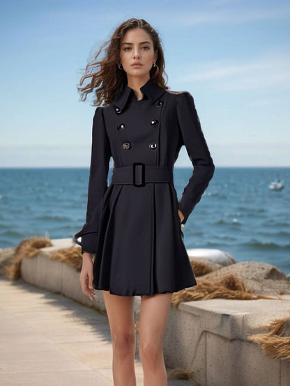 Cocolii mi-longue manteau en laine à volantée double boutonnage ceinture col revers femme élégant décontracté