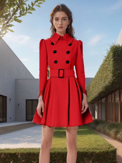 Cocolii mi-longue manteau en laine à volantée double boutonnage ceinture col revers femme élégant décontracté