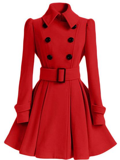 Cocolii mi-longue manteau en laine à volantée double boutonnage ceinture col revers femme élégant décontracté