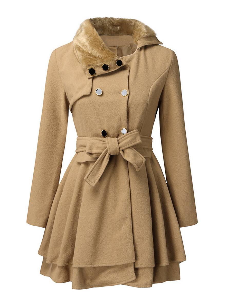 Cocolii mi-longue manteau double boutonnage ceinture col revers manches longues femme élégant décontracté