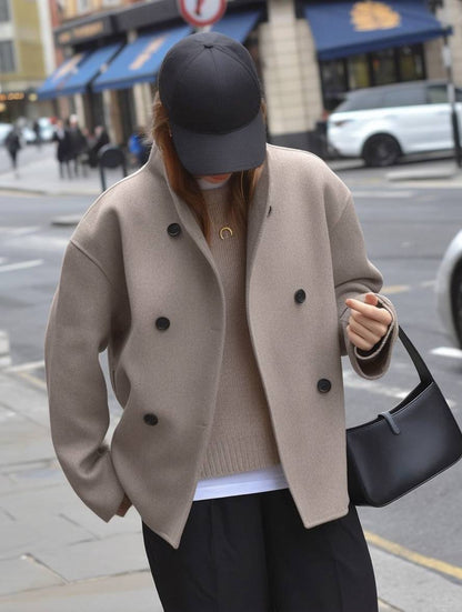 Cocolii court manteau en laine double boutonnage v-cou col montant manches longues femme élégant vintage décontracté veste