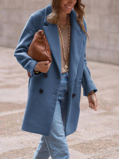 Cocolii mi-longue manteau en laine double boutonnage poches manches longues femme élégant décontracté veste