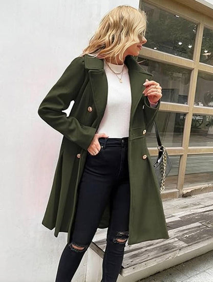 Cocolii mi-longue manteau unicolore double boutonnage poches col revers manches longues femme élégant décontracté veste