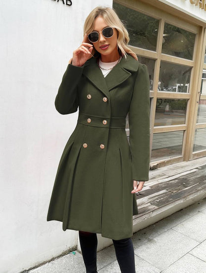 Cocolii mi-longue manteau unicolore double boutonnage poches col revers manches longues femme élégant décontracté veste