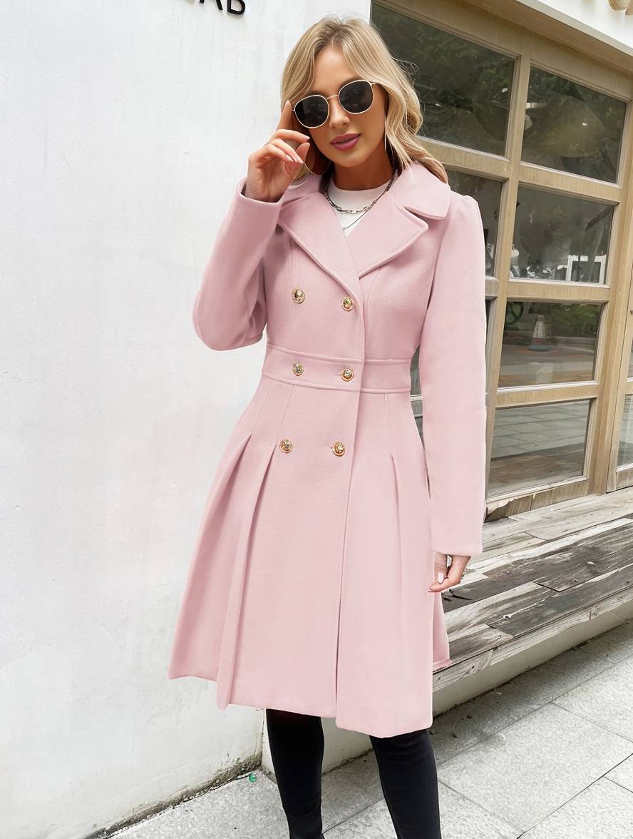 Cocolii mi-longue manteau unicolore double boutonnage poches col revers manches longues femme élégant décontracté veste