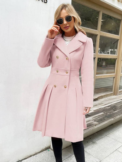 Cocolii mi-longue manteau unicolore double boutonnage poches col revers manches longues femme élégant décontracté veste