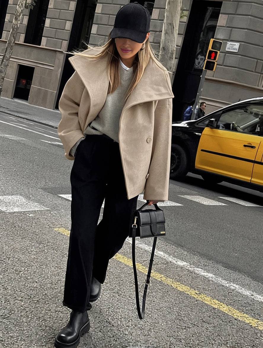 Cocolii manteau en laine double boutonnage col revers poches manches longues femme élégant décontracté ample veste