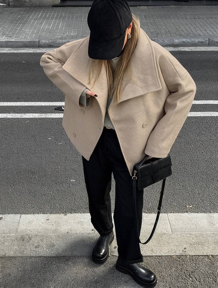 Cocolii manteau en laine double boutonnage col revers poches manches longues femme élégant décontracté ample veste