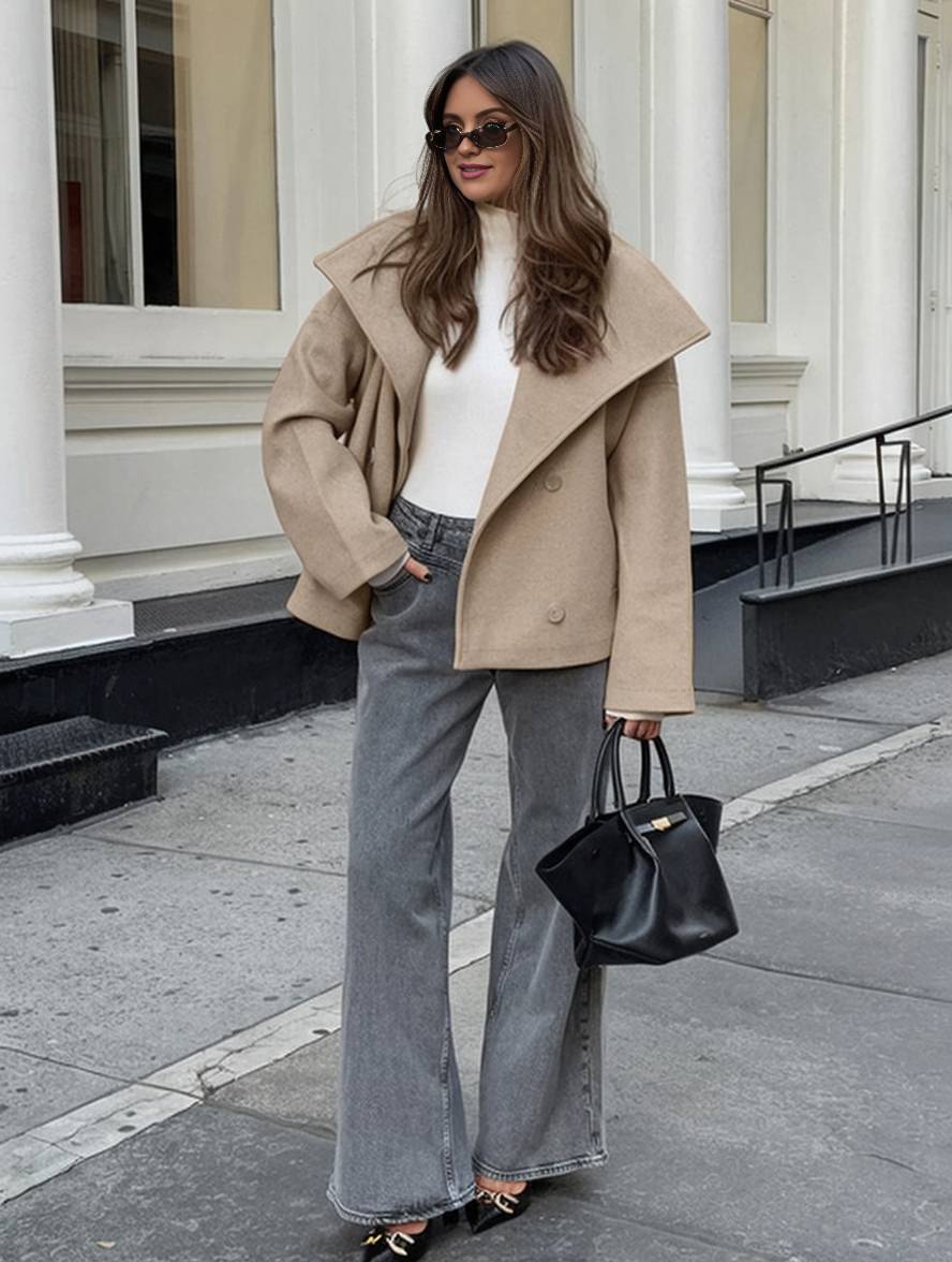 Cocolii manteau en laine double boutonnage col revers poches manches longues femme élégant décontracté ample veste