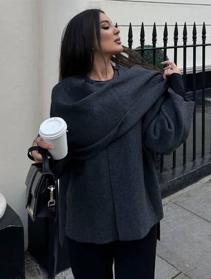 Cocolii manteau en laine avec écharpe fendu le côté boutons col rond manches longues femme élégant décontracté lâche veste