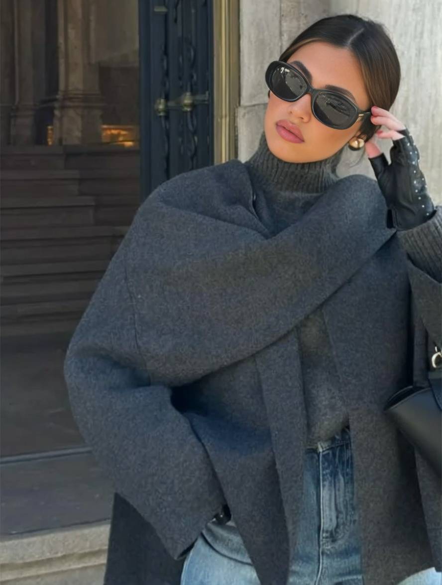 Cocolii manteau en laine avec écharpe fendu le côté boutons col rond manches longues femme élégant décontracté lâche veste