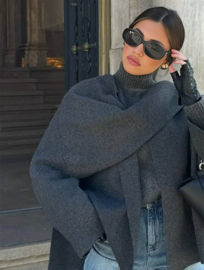 Cocolii manteau en laine avec écharpe fendu le côté boutons col rond manches longues femme élégant décontracté lâche veste