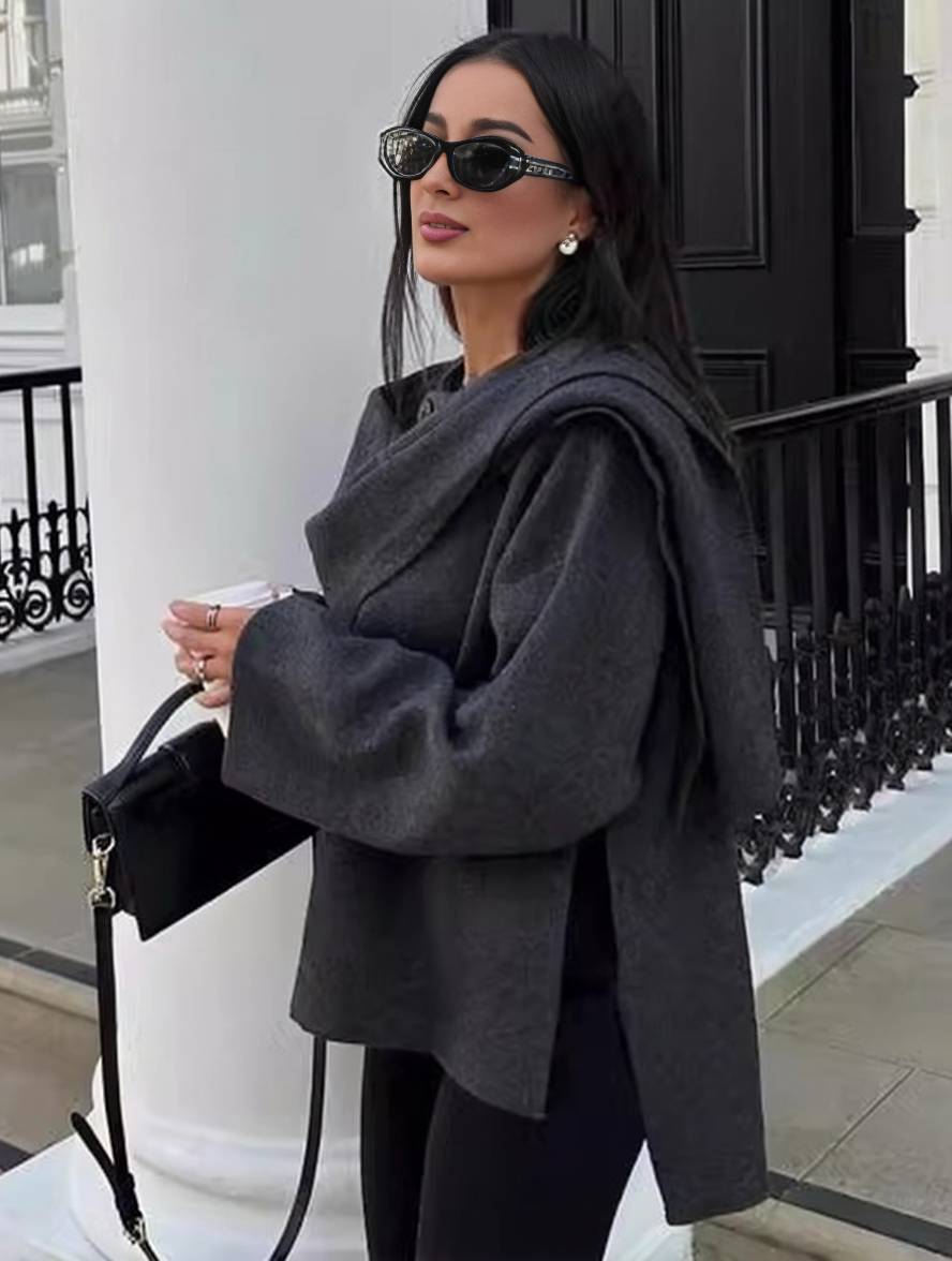 Cocolii manteau en laine avec écharpe fendu le côté boutons col rond manches longues femme élégant décontracté lâche veste