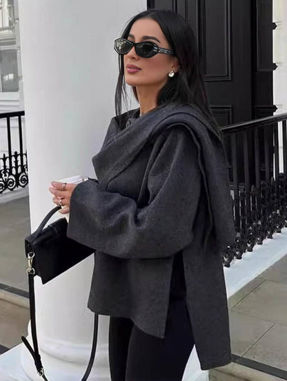 Cocolii manteau en laine avec écharpe fendu le côté boutons col rond manches longues femme élégant décontracté lâche veste