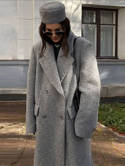 longue manteau caban double boutonnage poches col revers manches longues femme décontracté oversized manteau chiné