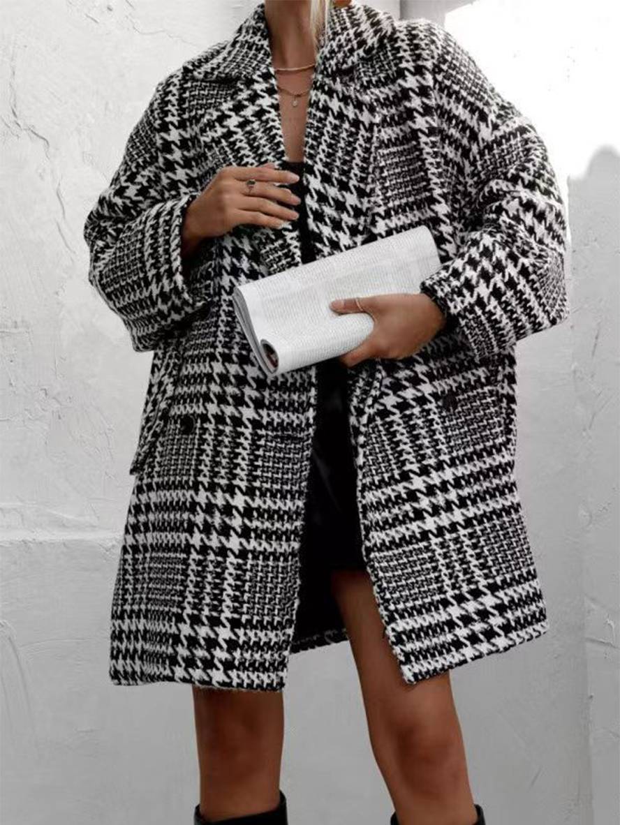 Cocolii mi-longue manteau en laine pied de poule double boutonnage poches manches longues femme élégant ample veste