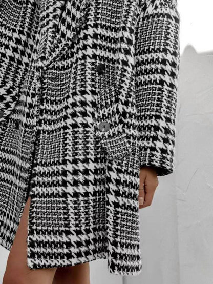 Cocolii mi-longue manteau en laine pied de poule double boutonnage poches manches longues femme élégant ample veste