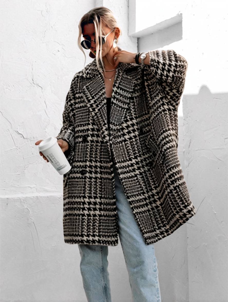 Cocolii mi-longue manteau en laine pied de poule double boutonnage poches manches longues femme élégant ample veste