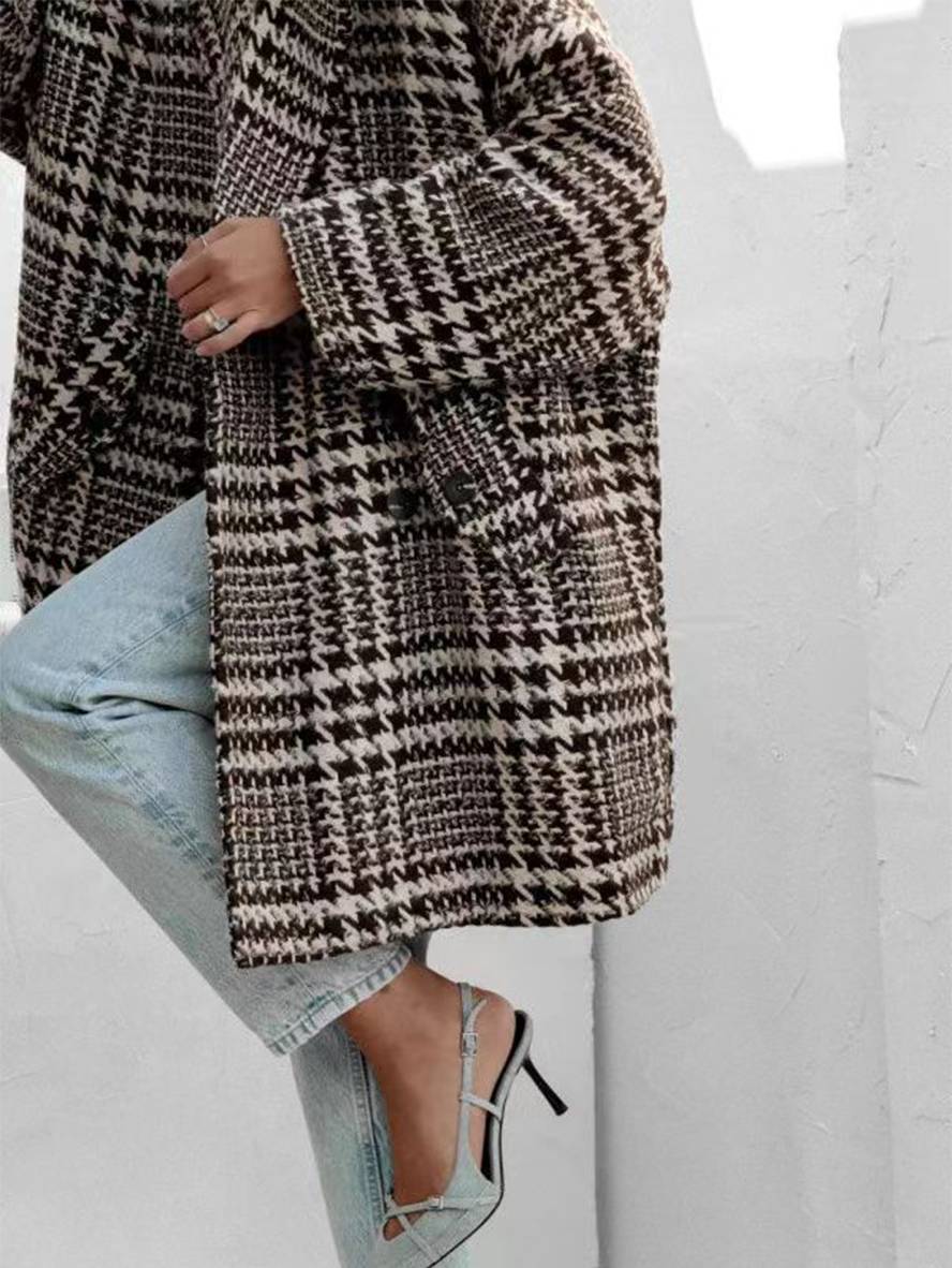 Cocolii mi-longue manteau en laine pied de poule double boutonnage poches manches longues femme élégant ample veste