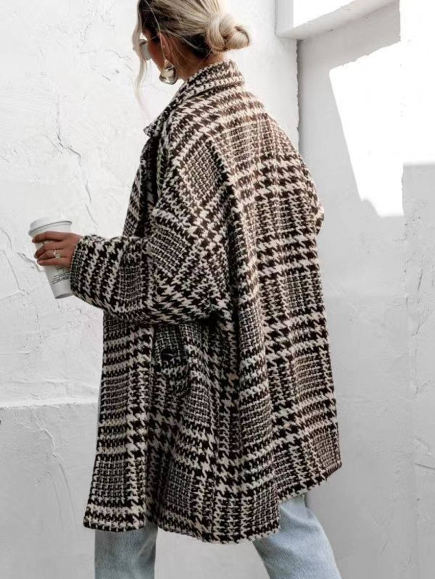 Cocolii mi-longue manteau en laine pied de poule double boutonnage poches manches longues femme élégant ample veste