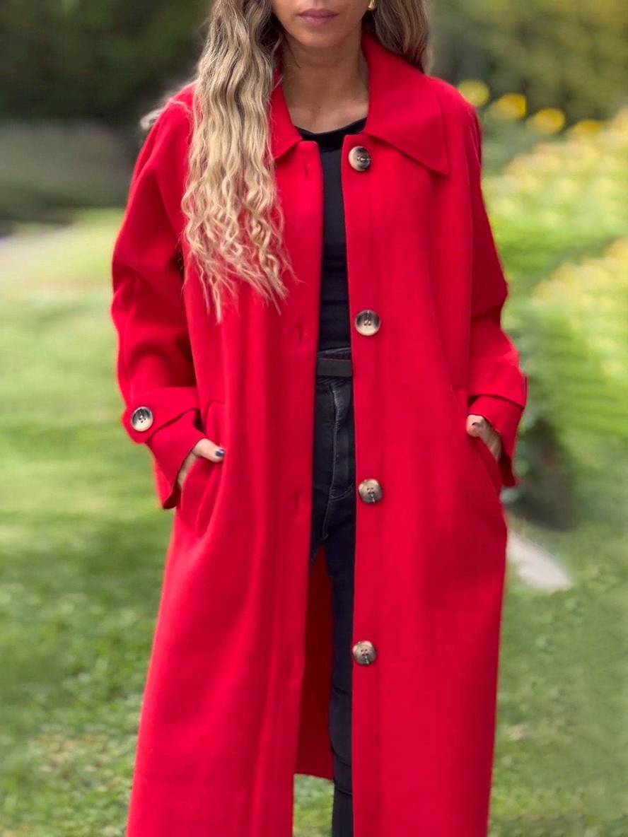 Cocolii mi-longue manteau unicolore boutonnage poches manches longues femme élégant décontracté ample veste