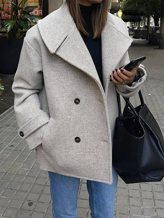 Cocolii manteau caban unicolore double boutonnage poches col revers manches longues femme élégant décontracté oversized veste