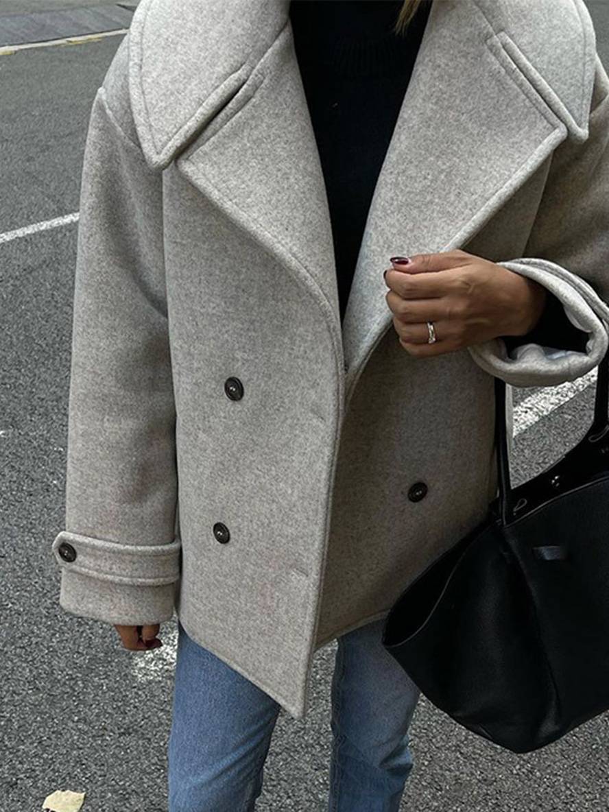 Cocolii manteau caban unicolore double boutonnage poches col revers manches longues femme élégant décontracté oversized veste