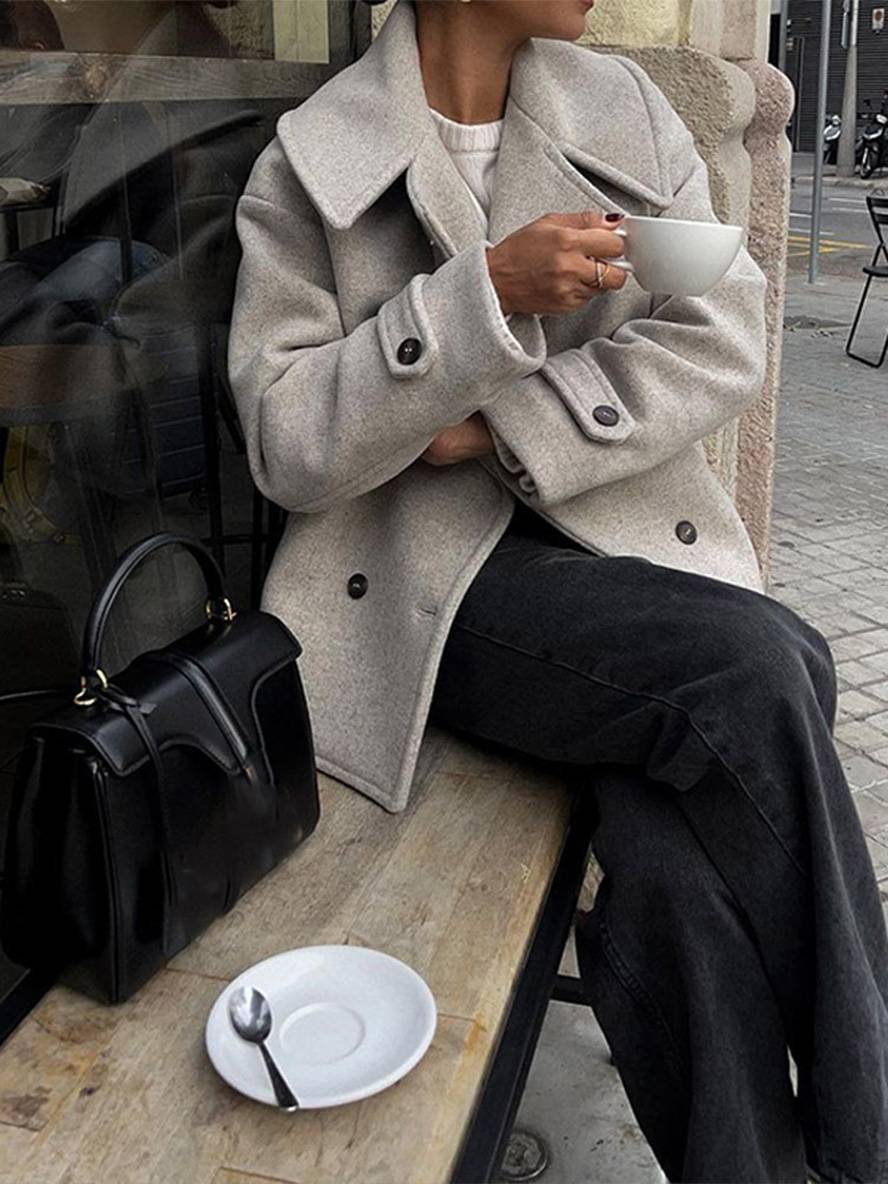 Cocolii manteau caban unicolore double boutonnage poches col revers manches longues femme élégant décontracté oversized veste