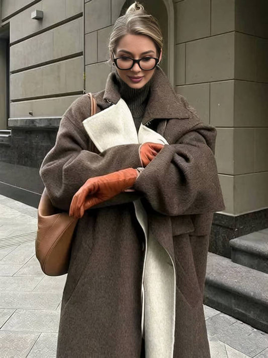 Cocolii longue manteau en laine boutonnage poches col revers manches longues femme élégant décontracté ample hiver chic veste