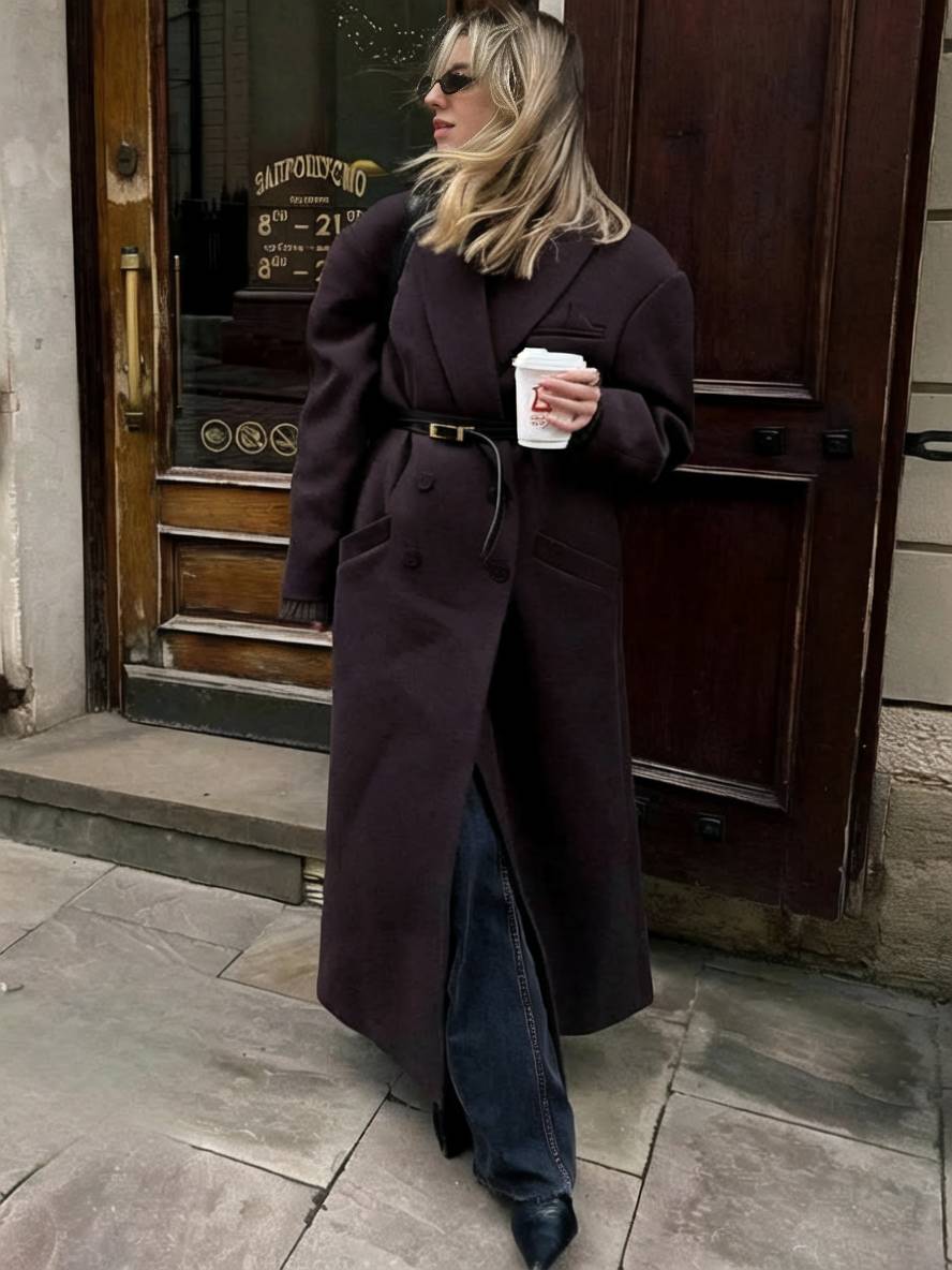 Cocolii longue manteau caban double boutonnage poches col revers femme élégant décontracté oversized hiver blouson