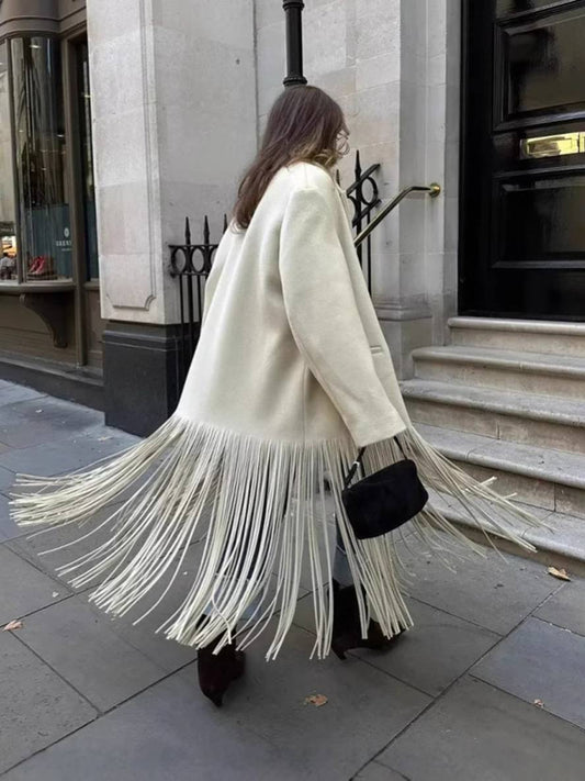 Cocolii longue manteau en laine unicolore frange boutons poches col revers femme élégant décontracté oversized blouson