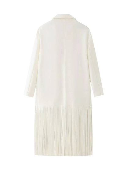 Cocolii longue manteau en laine unicolore frange boutons poches col revers femme élégant décontracté oversized blouson