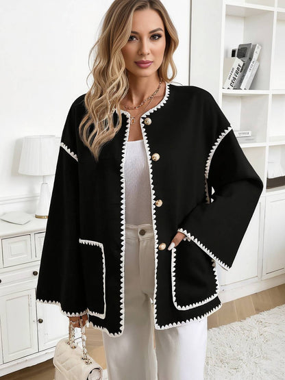 Cocolii veste femme noire boutonnage col rond à bordure festonnée contrastante décontracté court cardigan