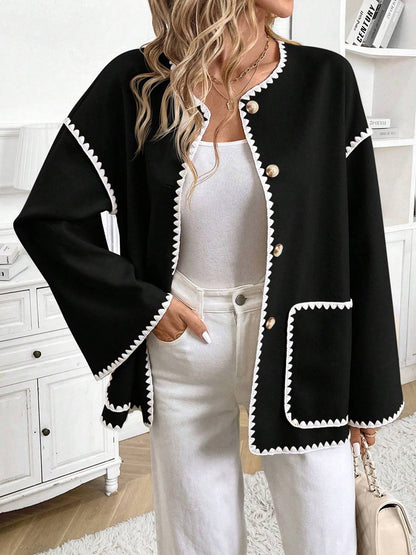Cocolii veste femme noire boutonnage col rond à bordure festonnée contrastante décontracté court cardigan