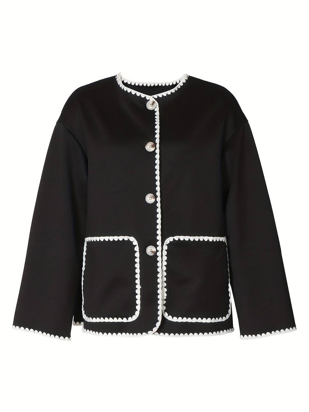Cocolii veste femme noire boutonnage col rond à bordure festonnée contrastante décontracté court cardigan