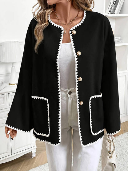 Cocolii veste femme noire boutonnage col rond à bordure festonnée contrastante décontracté court cardigan