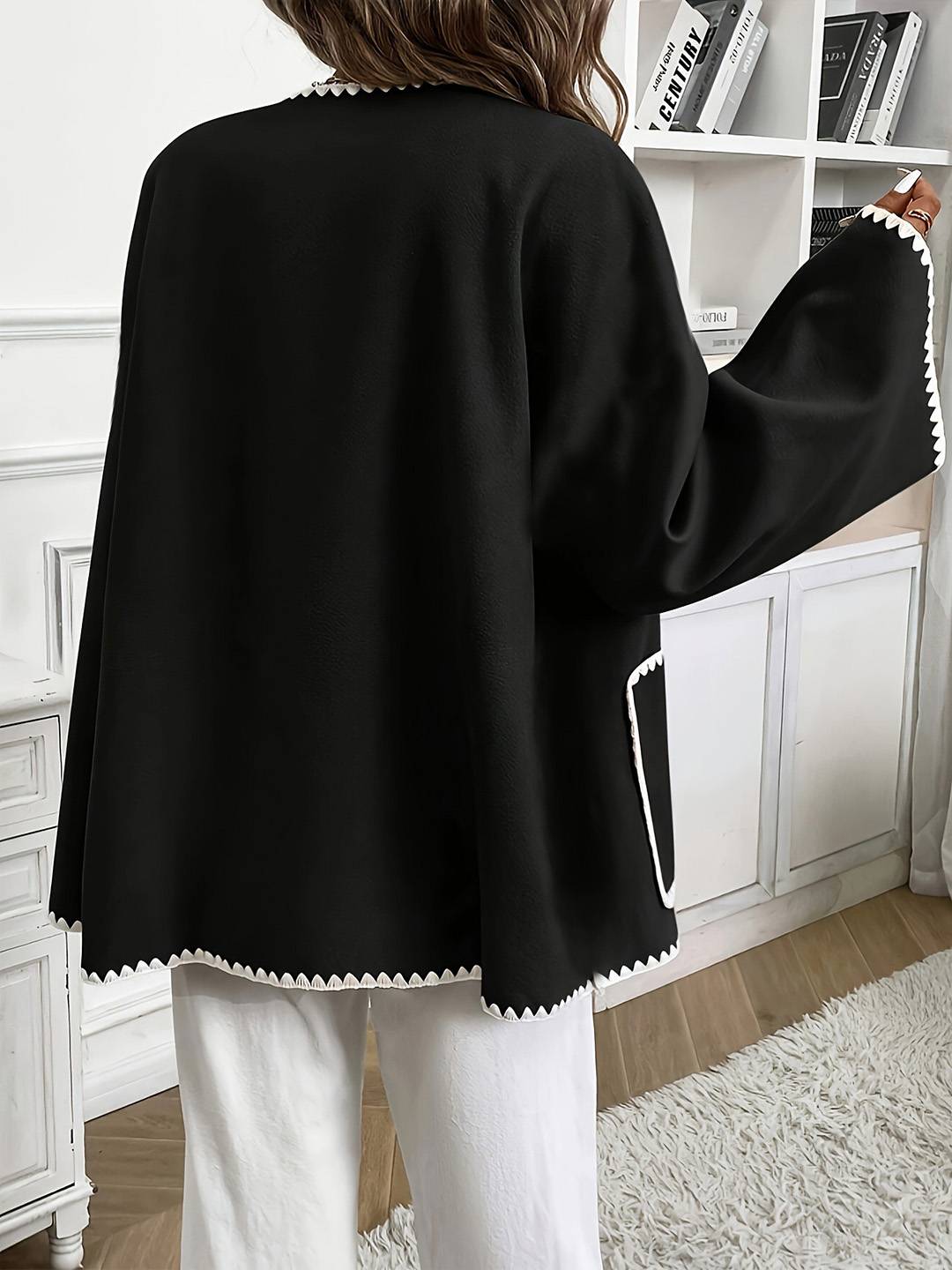 Cocolii veste femme noire boutonnage col rond à bordure festonnée contrastante décontracté court cardigan