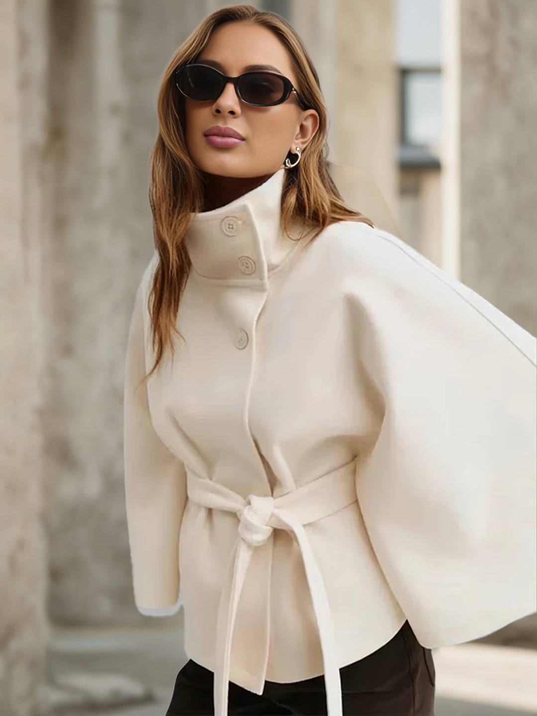 Cocolii court poncho manteau en laine col montant avec ceinture manches cape femme élégant décontracté ample veste