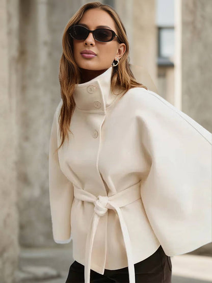 Cocolii court poncho manteau en laine col montant avec ceinture manches cape femme élégant décontracté ample veste