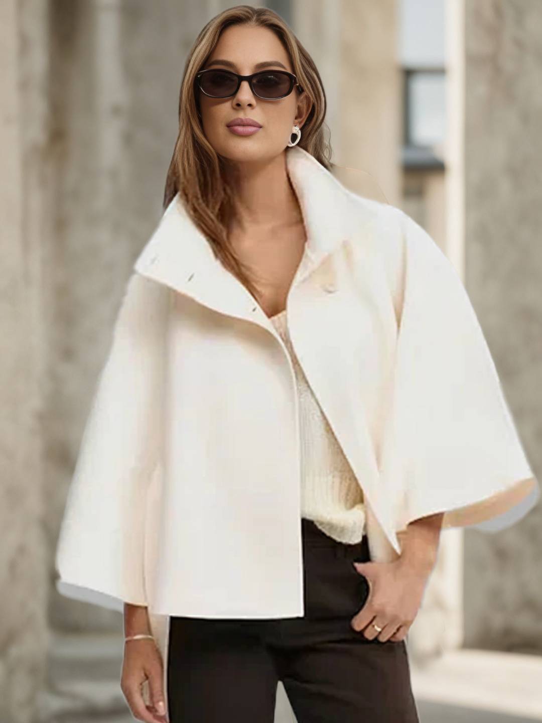 Cocolii court poncho manteau en laine col montant avec ceinture manches cape femme élégant décontracté ample veste