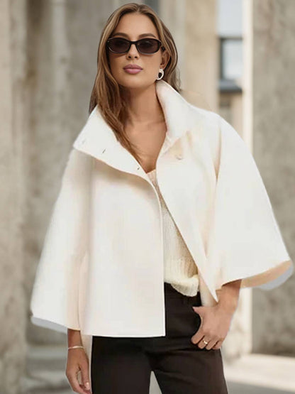 Cocolii court poncho manteau en laine col montant avec ceinture manches cape femme élégant décontracté ample veste