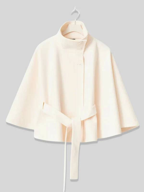 Cocolii court poncho manteau en laine col montant avec ceinture manches cape femme élégant décontracté ample veste