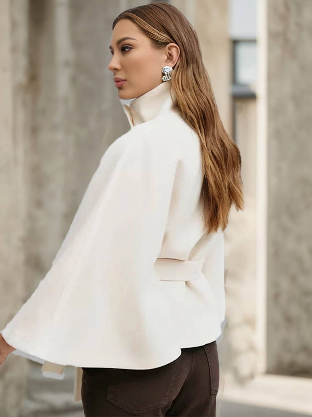 Cocolii court poncho manteau en laine col montant avec ceinture manches cape femme élégant décontracté ample veste