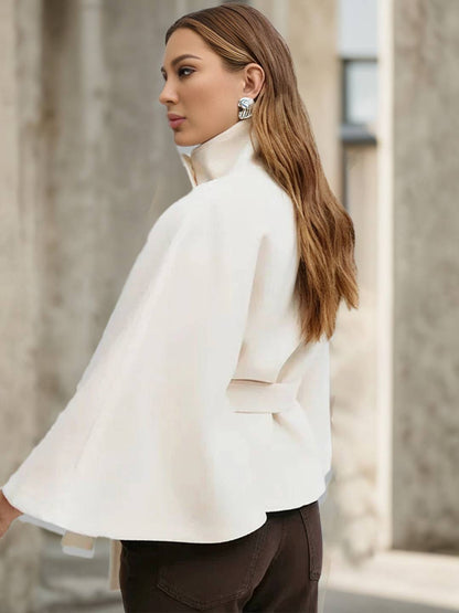 Cocolii court poncho manteau en laine col montant avec ceinture manches cape femme élégant décontracté ample veste