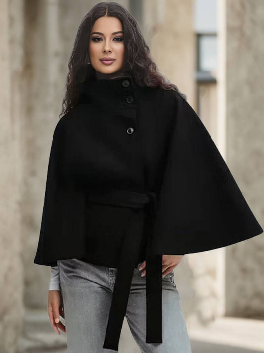 Cocolii court poncho manteau en laine col montant avec ceinture manches cape femme élégant décontracté ample veste