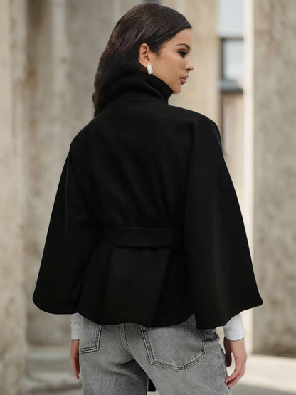 Cocolii court poncho manteau en laine col montant avec ceinture manches cape femme élégant décontracté ample veste