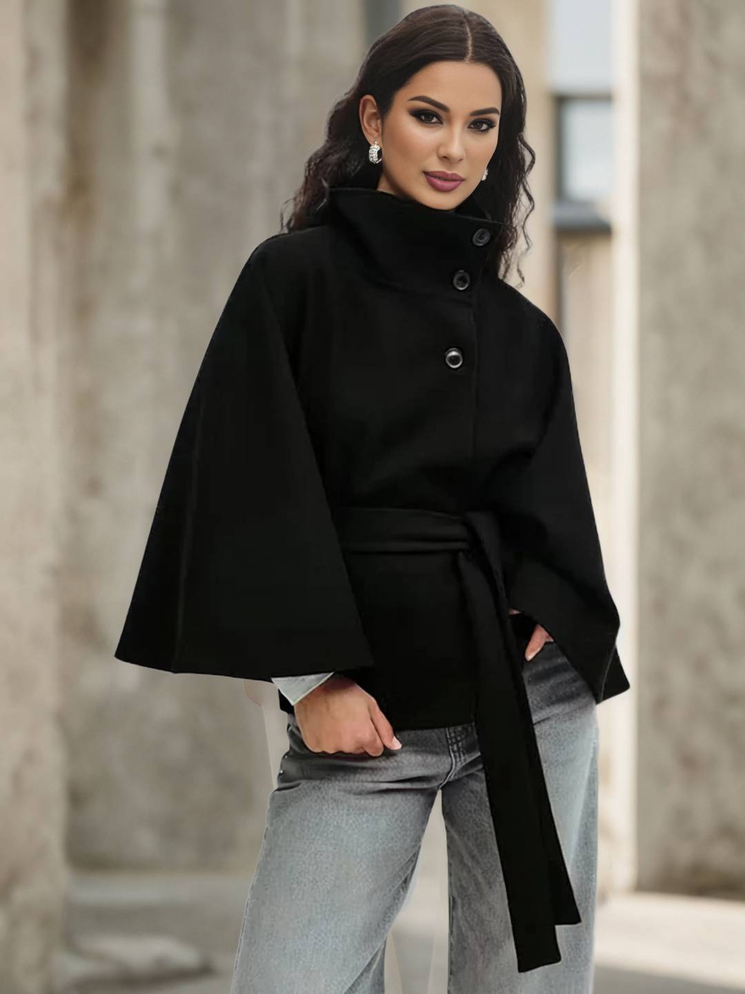 Cocolii court poncho manteau en laine col montant avec ceinture manches cape femme élégant décontracté ample veste