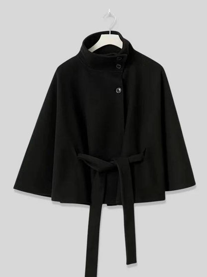 Cocolii court poncho manteau en laine col montant avec ceinture manches cape femme élégant décontracté ample veste