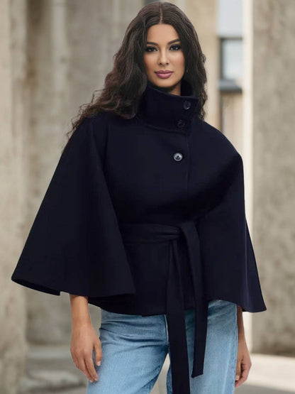 Cocolii court poncho manteau en laine col montant avec ceinture manches cape femme élégant décontracté ample veste