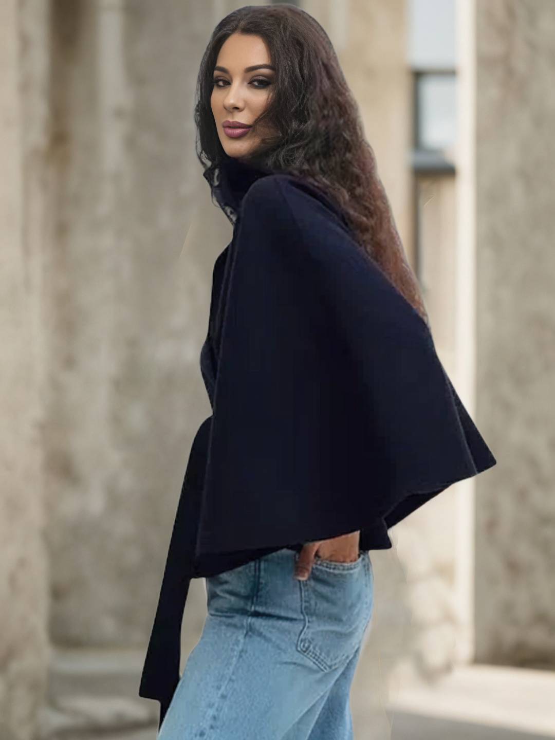 Cocolii court poncho manteau en laine col montant avec ceinture manches cape femme élégant décontracté ample veste